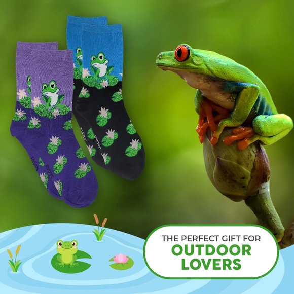 Frog on Lily Frogs Tadpole Amphibian Bullfrog Toad Foozys Socks 2 Pairs Women's - Picture 2 of 5